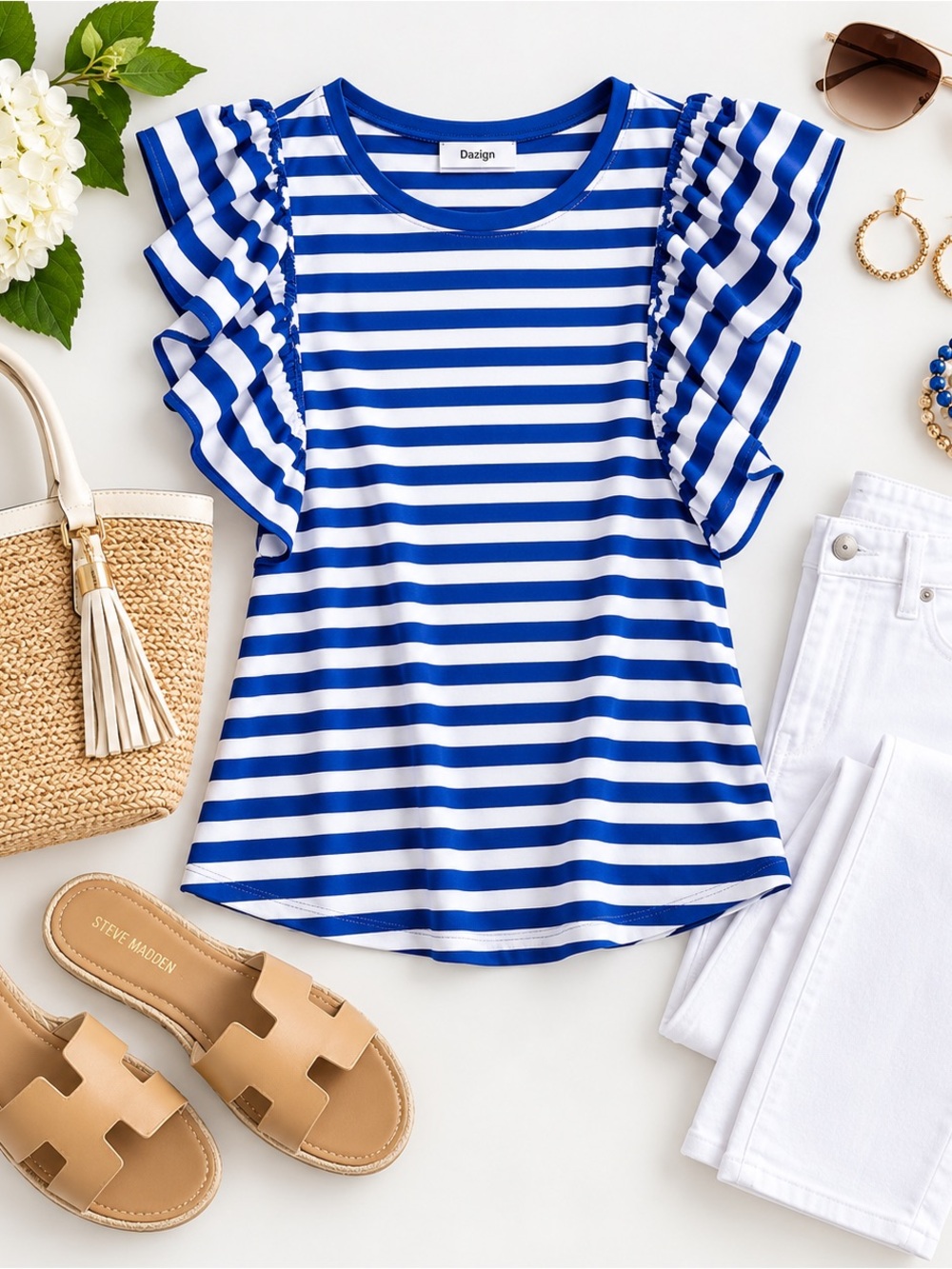 Dazign Blue White Striped Ruffle Sleeve Top XL Casual Summer Blouse